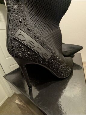 bebe Black Crystal-Embellished Pointed Stiletto Booties